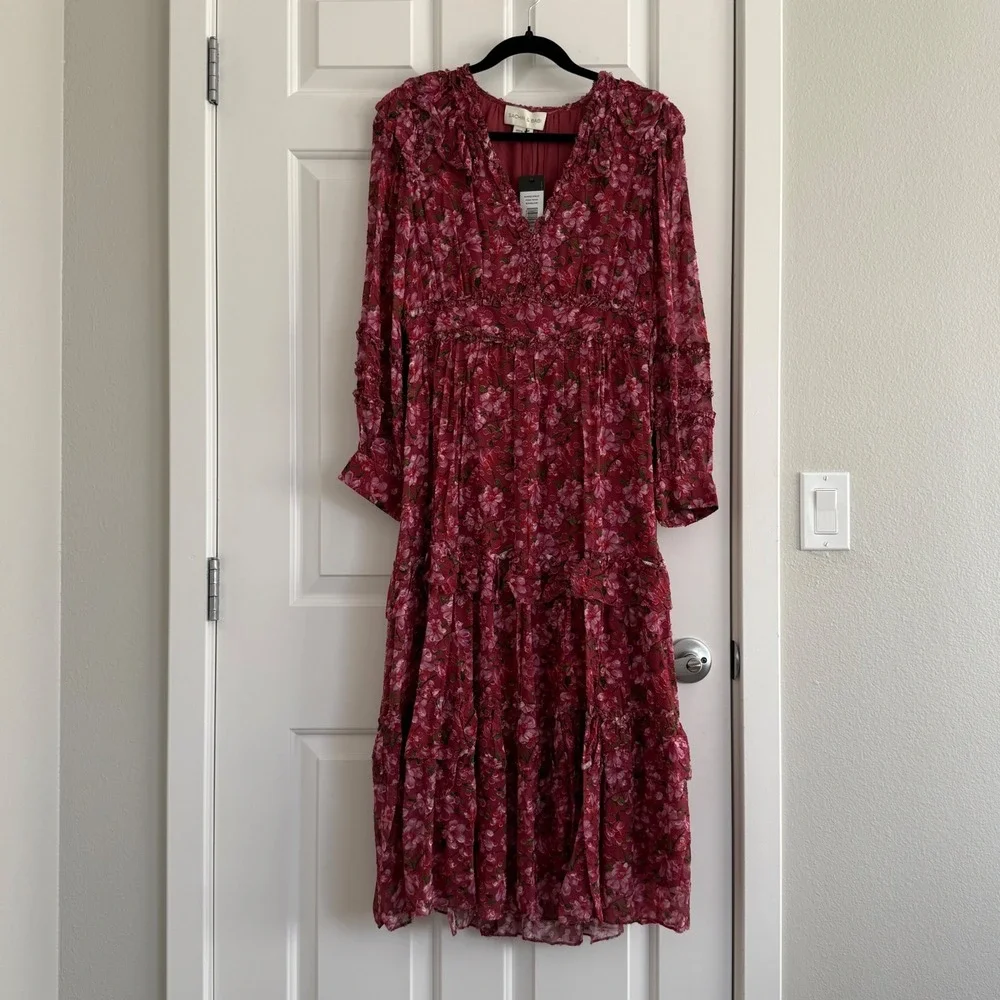 Sachin & Babi Ronnie Long Sleeve VNeck Ruffle Printed Midi Dress Size 4 Pink NWT